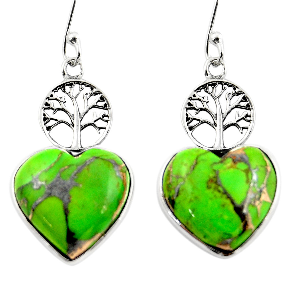 11.91cts green copper turquoise heart 925 silver tree of life earrings r46801