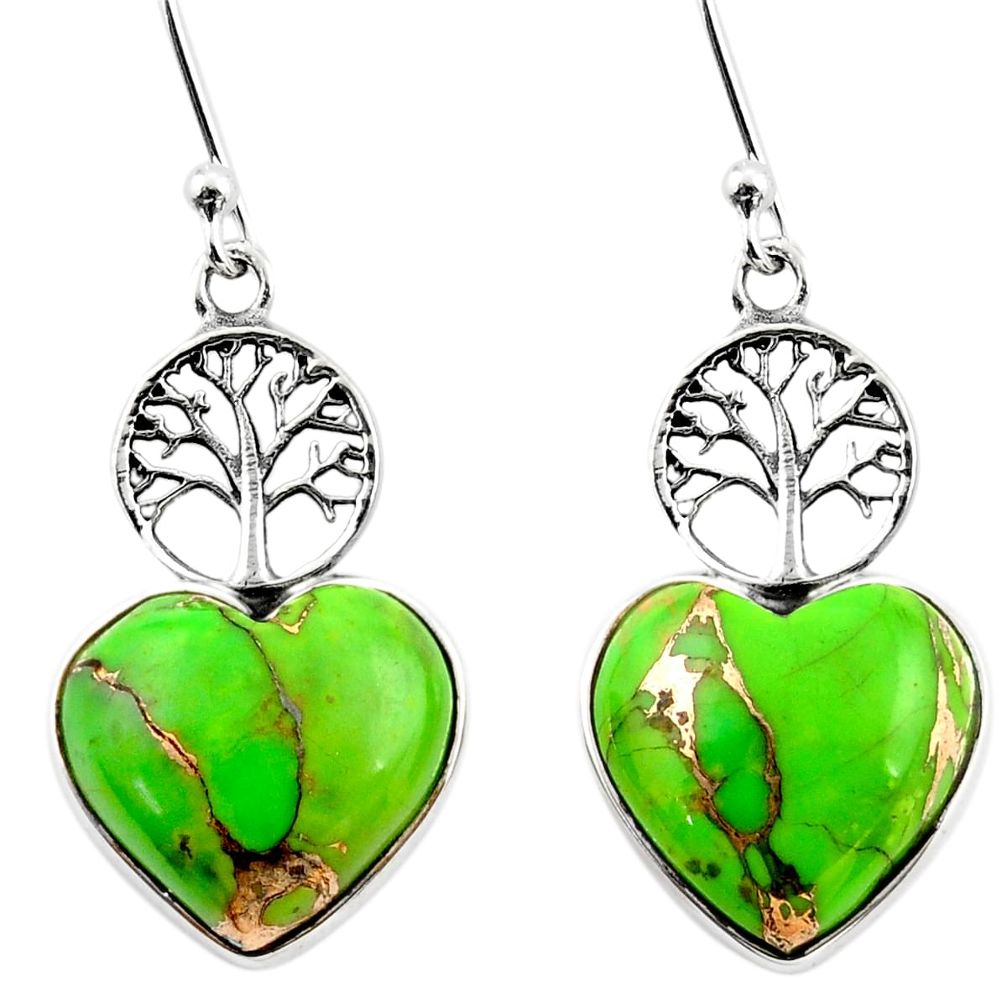 11.18cts green copper turquoise heart 925 silver tree of life earrings r46802