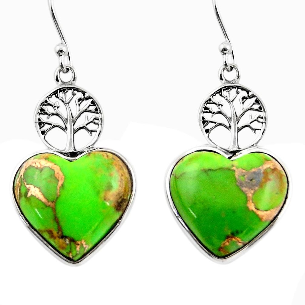 9.87cts green copper turquoise heart 925 silver tree of life earrings r46803