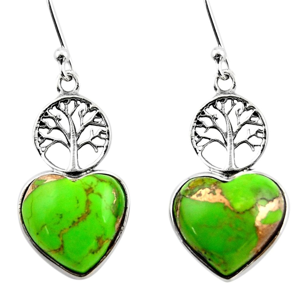 9.41cts green copper turquoise heart 925 silver tree of life earrings r46807