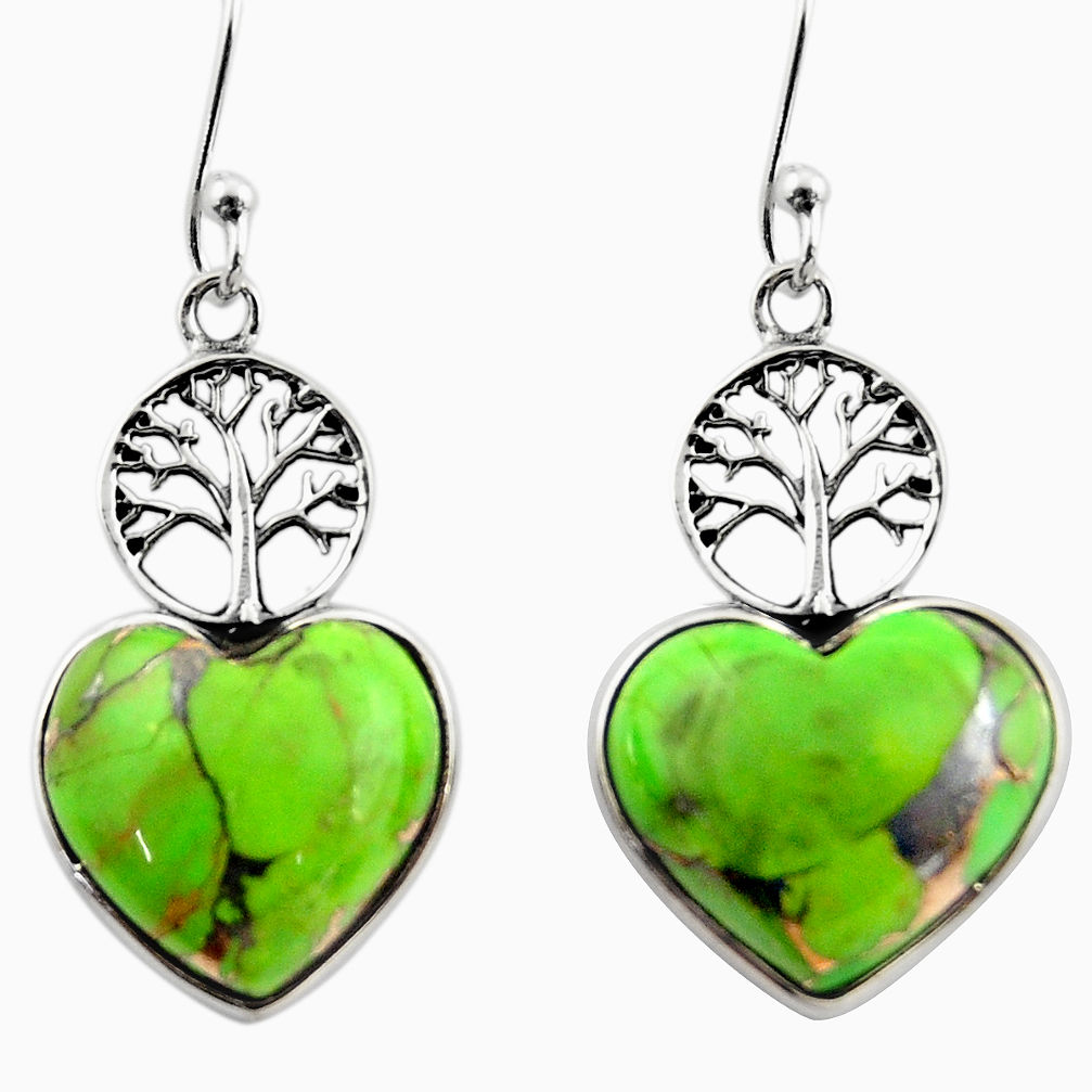 10.33cts green copper turquoise heart 925 silver tree of life earrings r46810