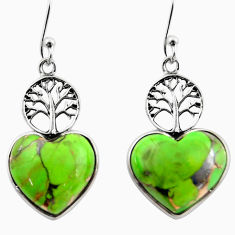 Clearance Sale- 10.33cts green copper turquoise heart 925 silver tree of life earrings r46810