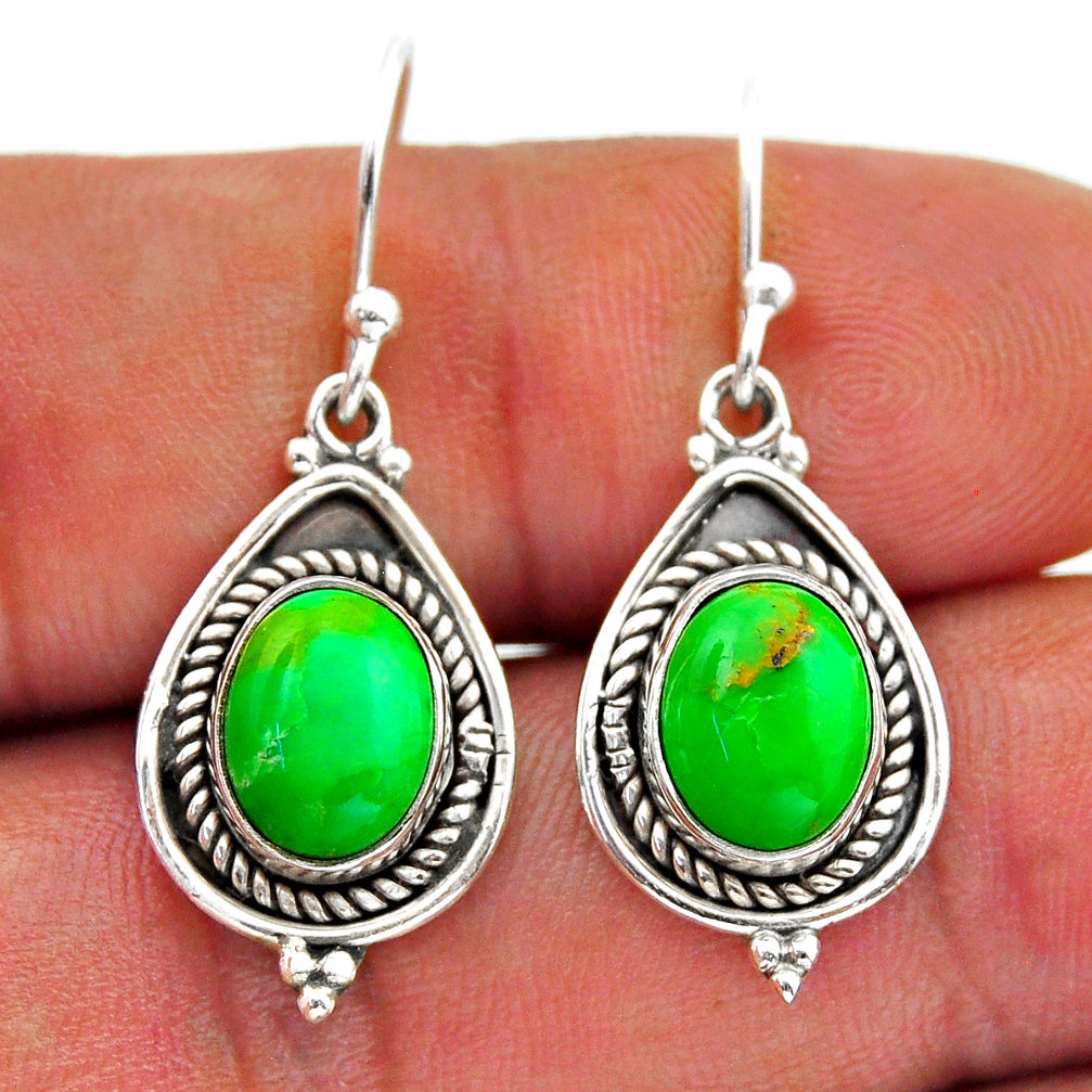 5.94cts green copper turquoise oval 925 sterling silver dangle earrings n52339