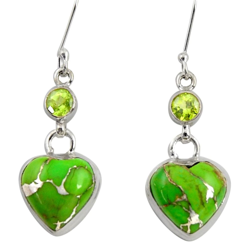 17.22cts green copper turquoise peridot 925 silver dangle heart earrings d39502