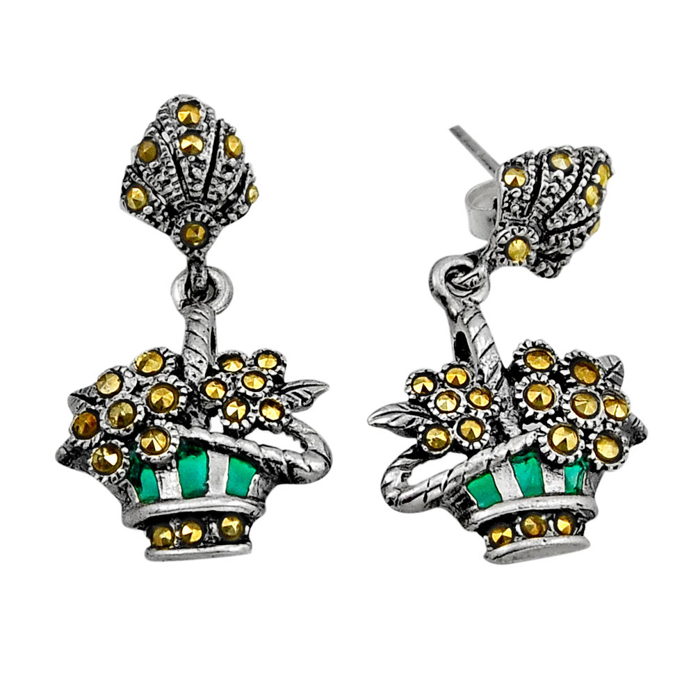4.87gms green marcasite enamel 925 sterling silver flower pot earrings y83418