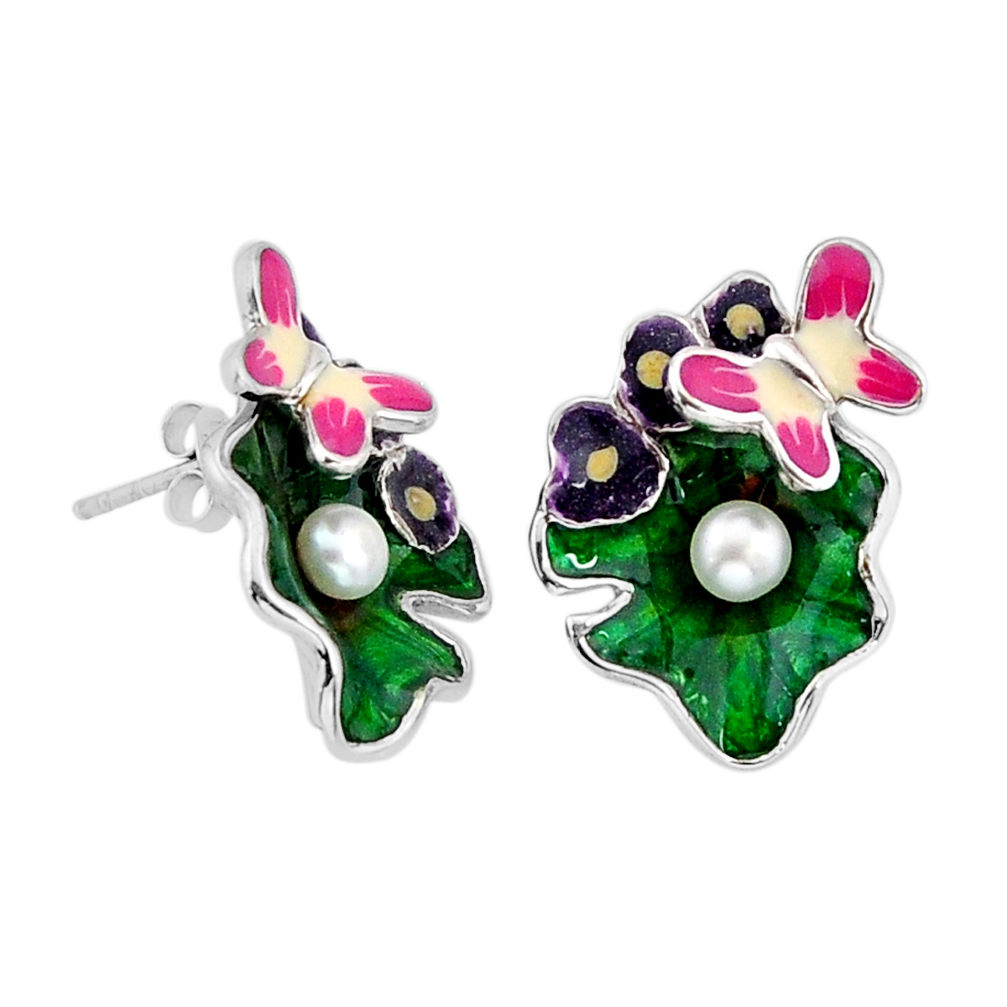 1.34cts green purple pink yellow brown enamel pearl silver stud earrings y65043