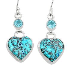 18.15cts heart natural blue chrysocolla topaz 925 silver dangle earrings u88314