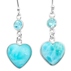 10.48cts heart natural blue larimar topaz 925 silver dangle earrings d50119