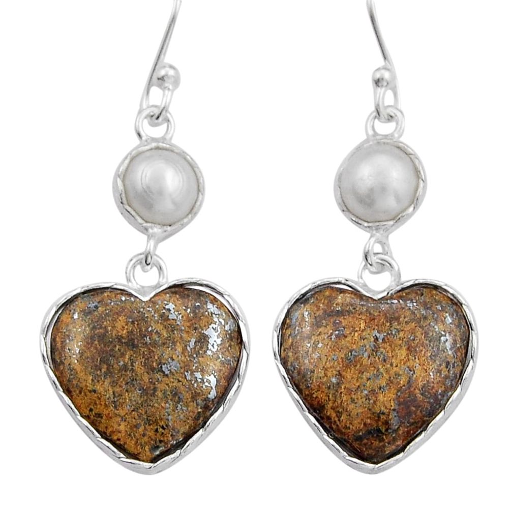 11.37cts heart natural brown bronzite pearl 925 silver dangle earrings y20268