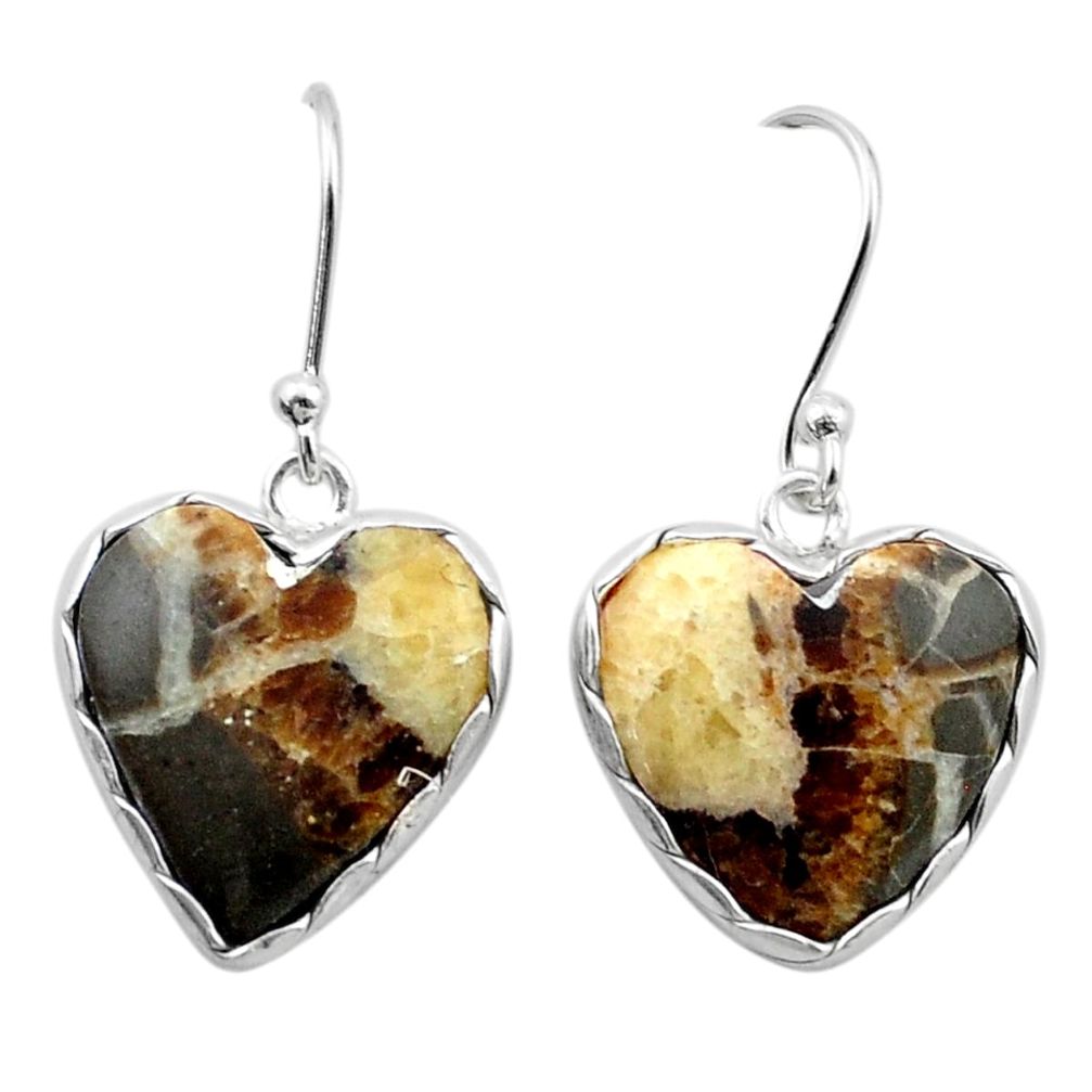 11.28cts heart natural brown septarian gonads 925 silver dangle earrings u40624