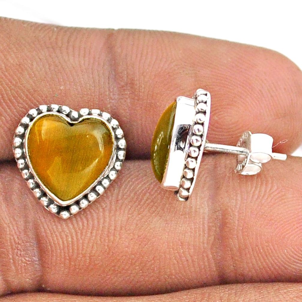 9.25cts heart natural brown tiger's eye 925 sterling silver stud earrings t95245