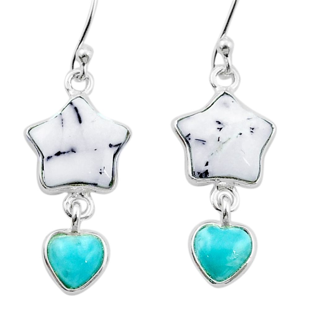 7.25cts heart natural dendrite opal larimar 925 silver star fish earrings u37341