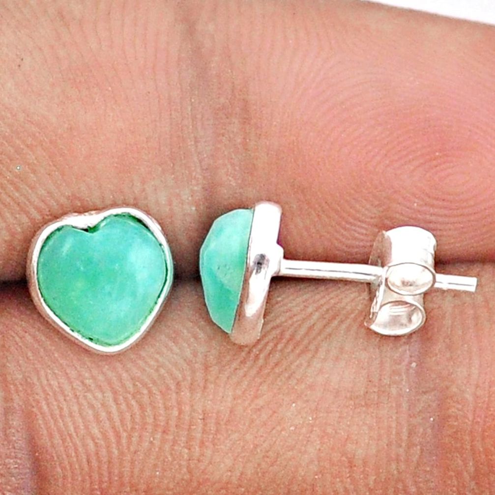 3.45cts heart natural green peruvian amazonite 925 silver stud earrings t96794