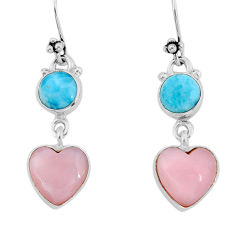 10.82cts heart natural pink opal blue larimar 925 silver dangle earrings y81225