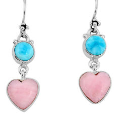 10.80cts heart natural pink opal blue larimar 925 silver dangle earrings y81226