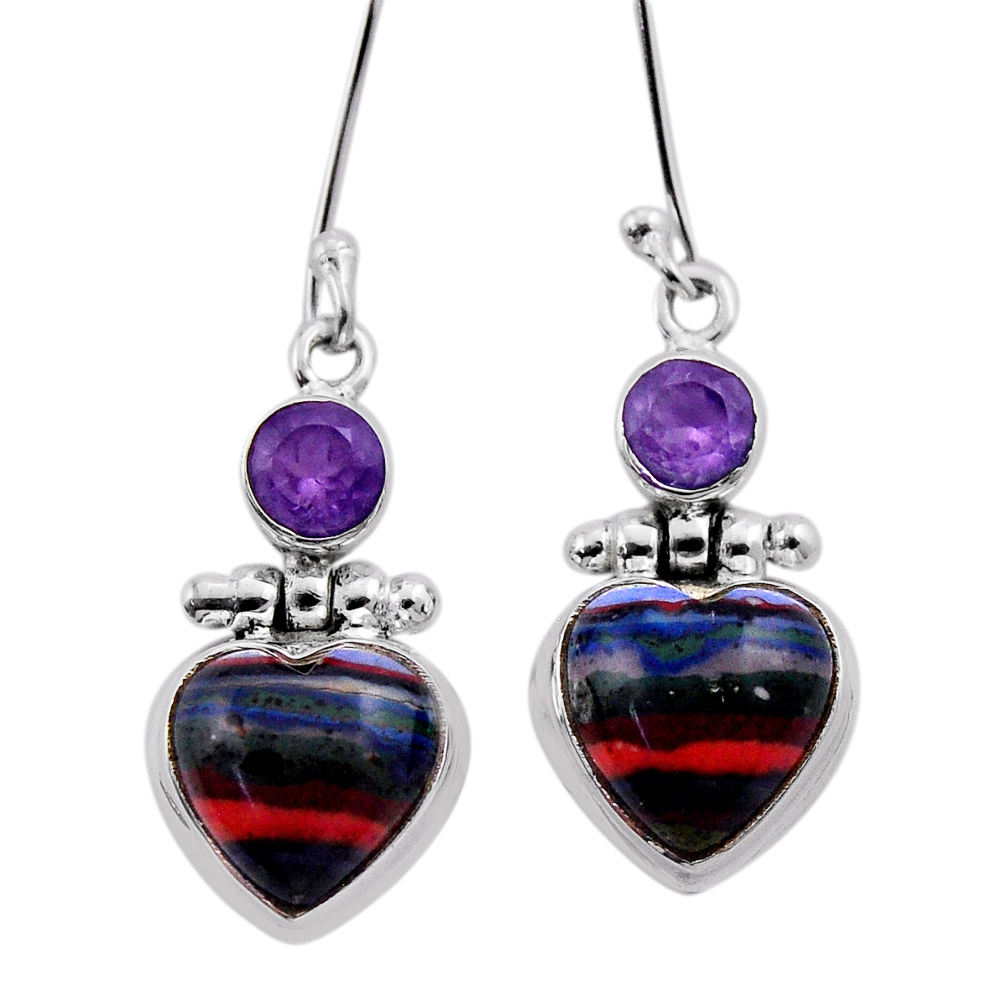 11.19cts heart natural rainbow calsilica amethyst silver dangle earrings n40062