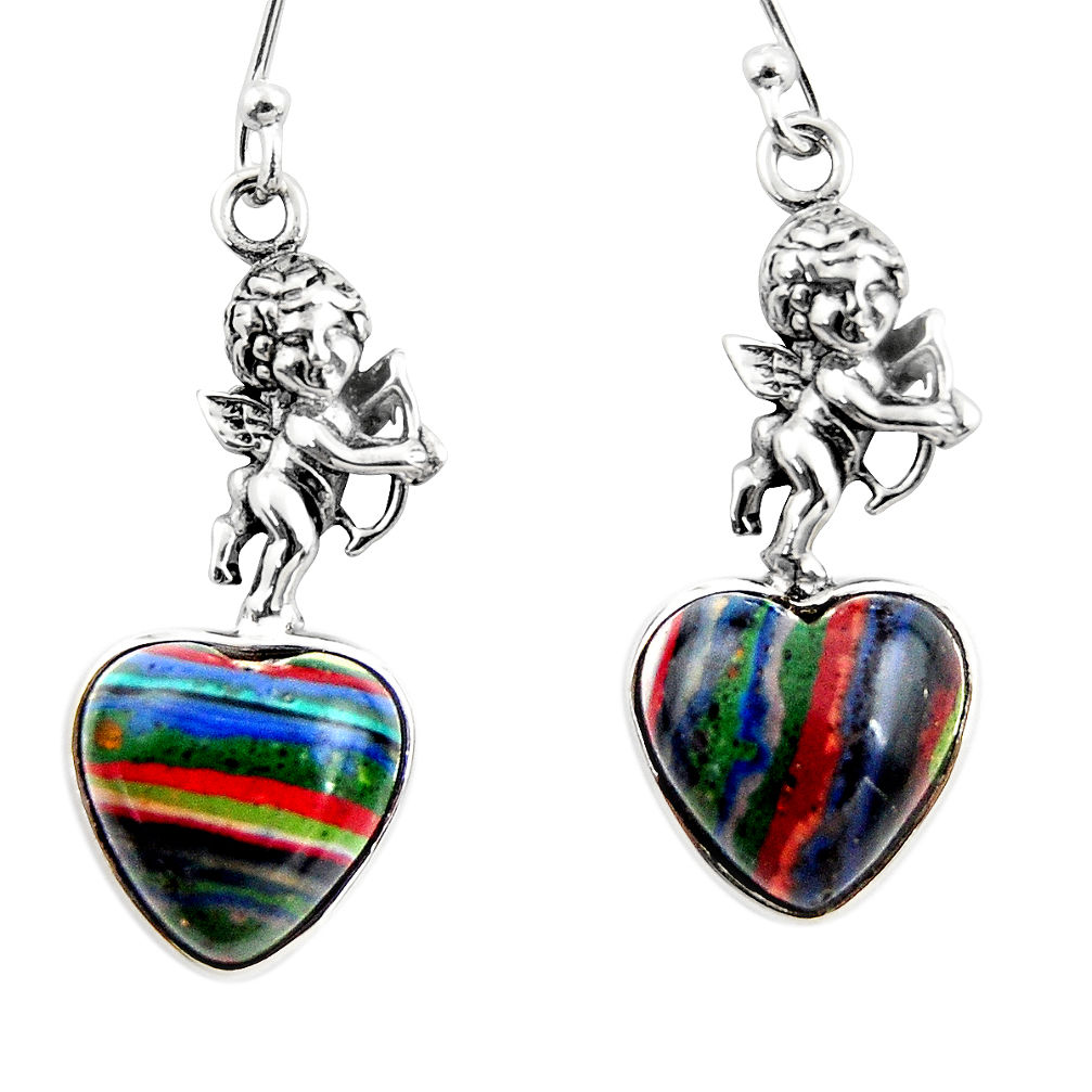 9.34cts heart rainbow calsilica 925 silver cupid angel wings earrings r46840