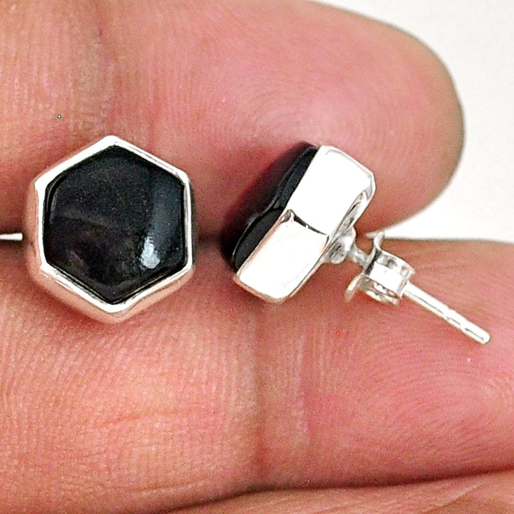 8.49cts hexagon natural black onyx 925 sterling silver stud earrings r93654