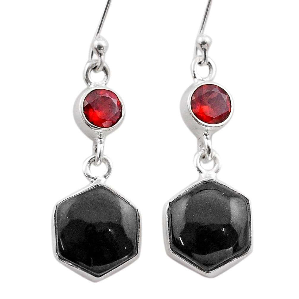 12.06cts hexagon natural black onyx red garnet 925 silver earrings t48291