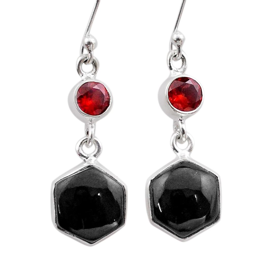 12.50cts hexagon natural black onyx red garnet 925 silver earrings t48294