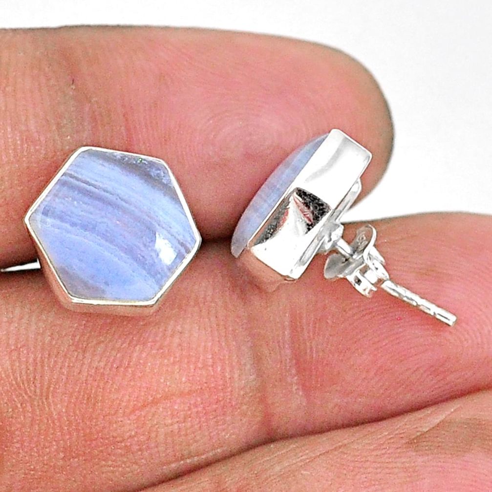 9.27cts hexagon natural blue lace agate 925 sterling silver stud earrings r93650