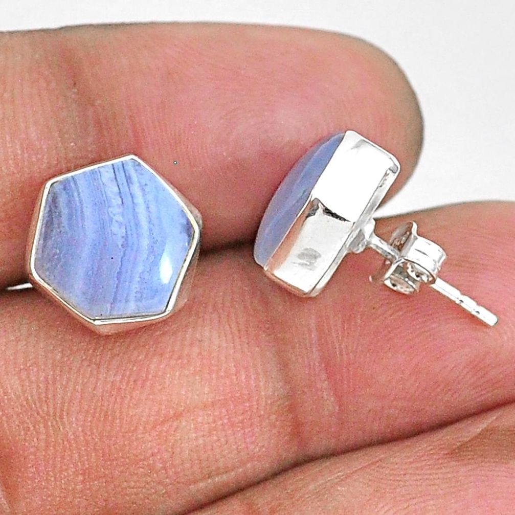 8.95cts hexagon natural blue lace agate 925 sterling silver stud earrings r93651