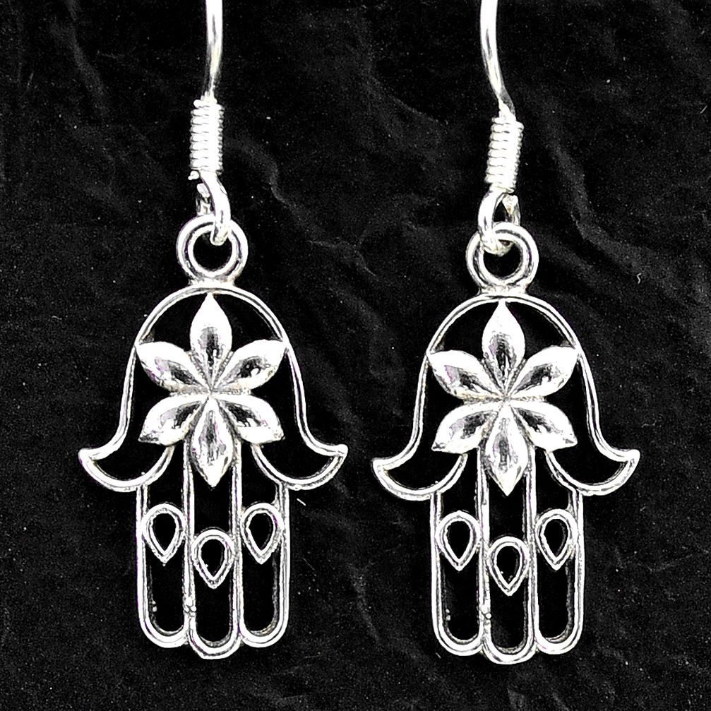 2.26gms indonesian bali style solid 925 silver hand of god hamsa earrings t6266