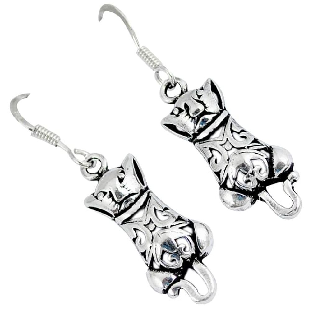 Indonesian bali style solid 925 sterling silver cat charm earrings p2735