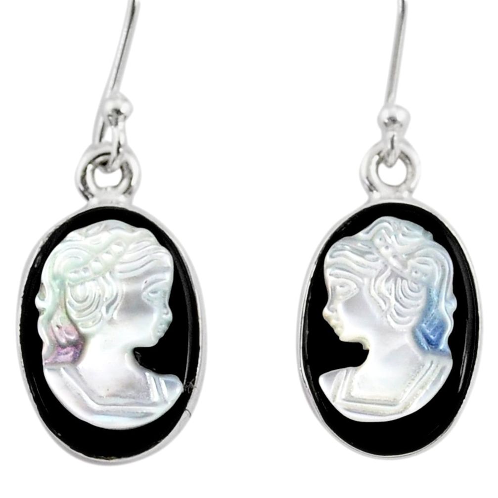 6.97cts lady face natural opal cameo on black onyx 925 silver earrings r80439