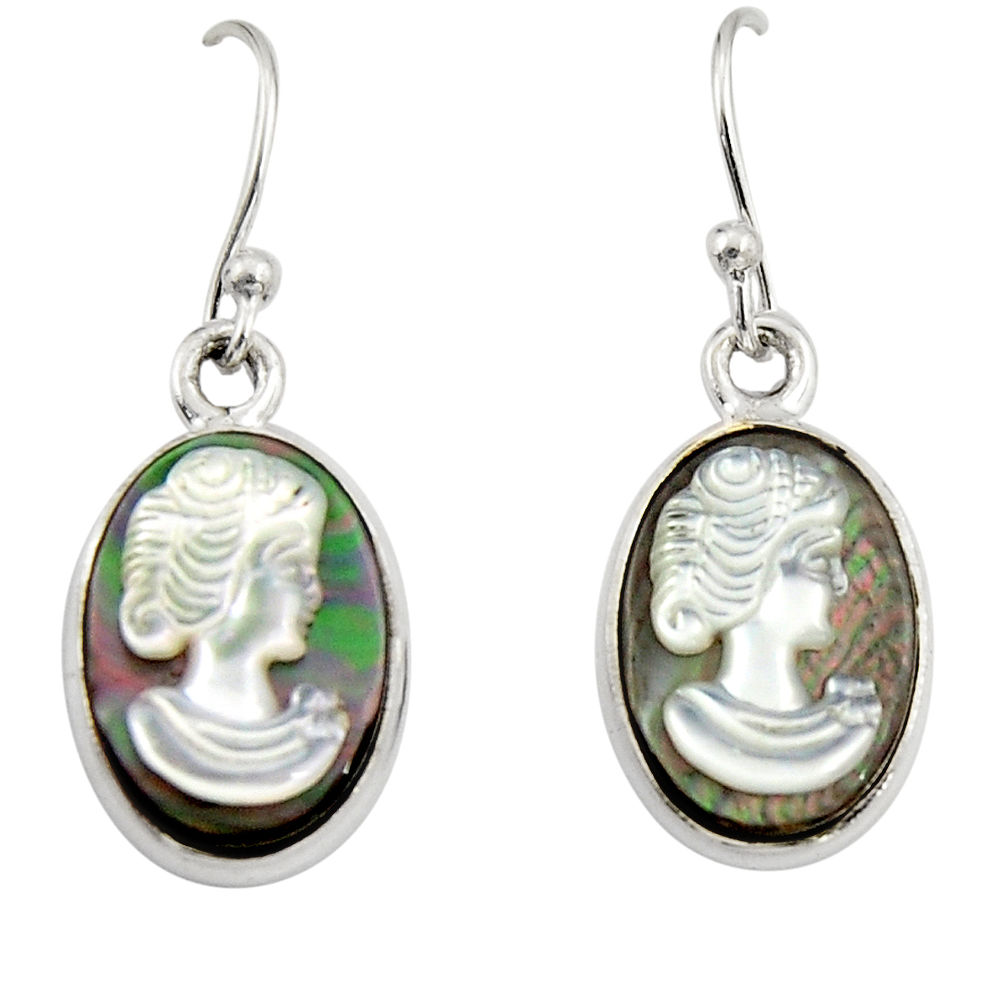 10.82cts lady face natural titanium cameo on shell 925 silver earrings r19845