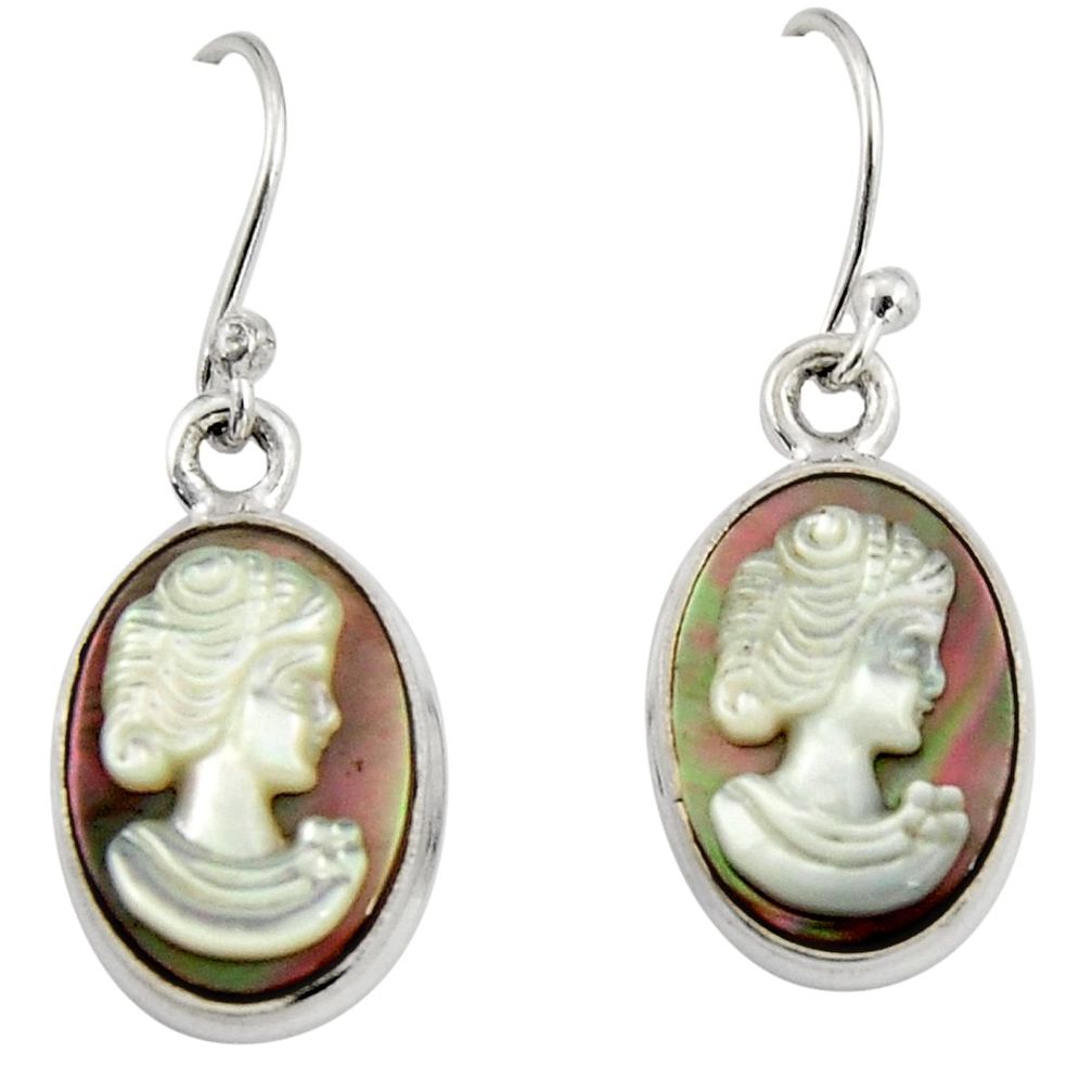 10.02cts lady face natural titanium cameo on shell 925 silver earrings r19846