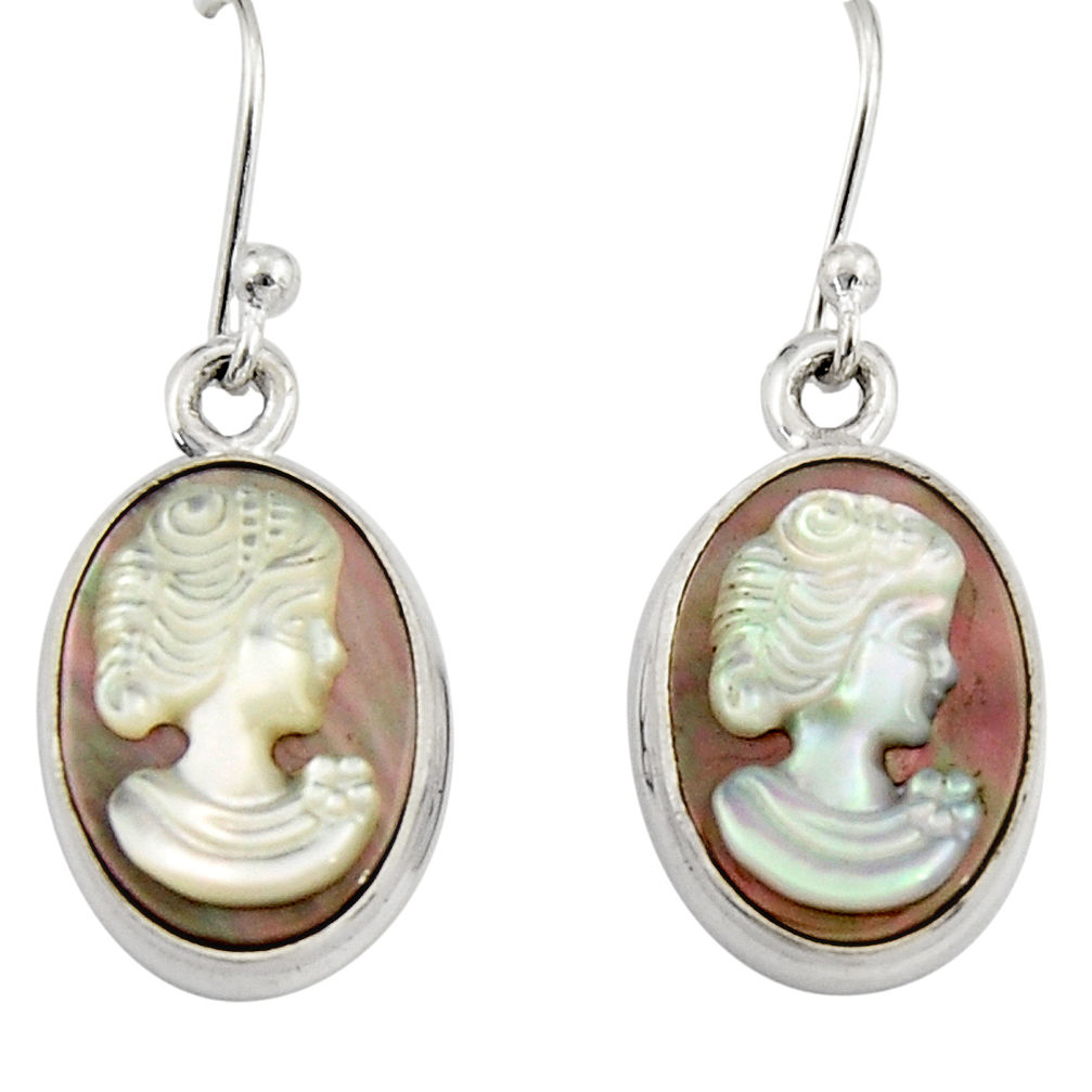 10.31cts lady face natural titanium cameo on shell 925 silver earrings r19847
