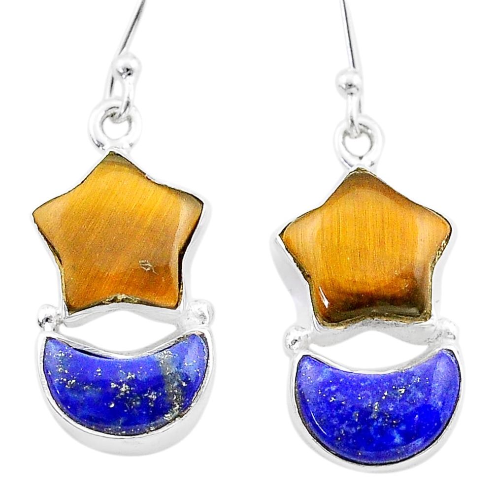 10.92cts moon star natural tiger's eye lapis lazuli 925 silver earrings t68914