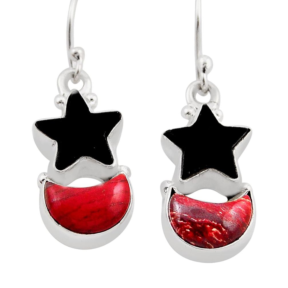11.57cts moon with star black onyx jasper red 925 silver dangle earrings n11583