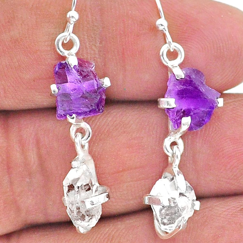 8.80cts natural amethyst raw herkimer diamond 925 silver earrings t15271