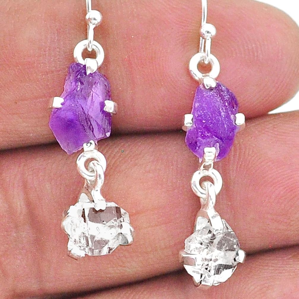 8.26cts natural amethyst raw herkimer diamond silver dangle earrings t15275