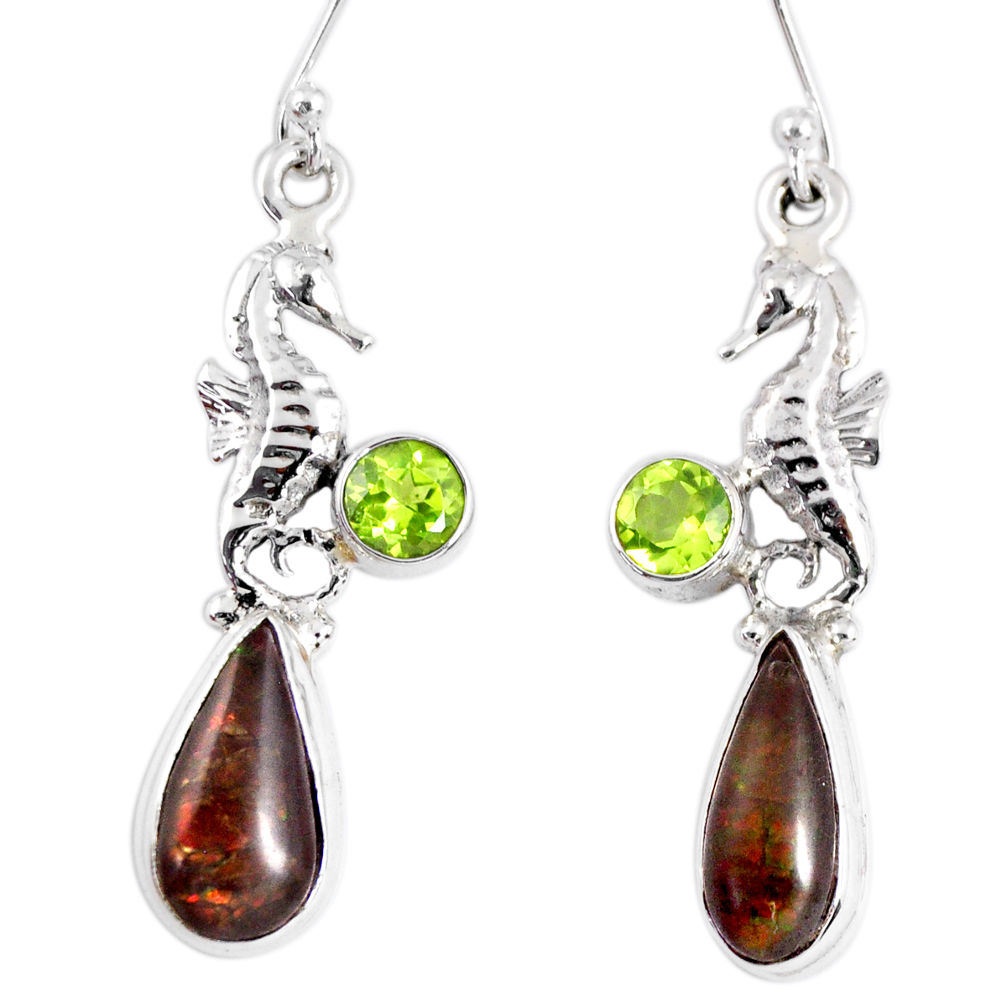 8.14cts natural ammolite (canadian) 925 silver dangle seahorse earrings r56241