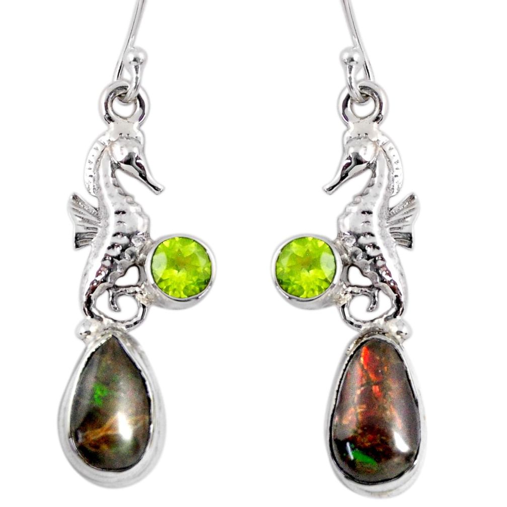 7.63cts natural ammolite (canadian) 925 silver dangle seahorse earrings r56243