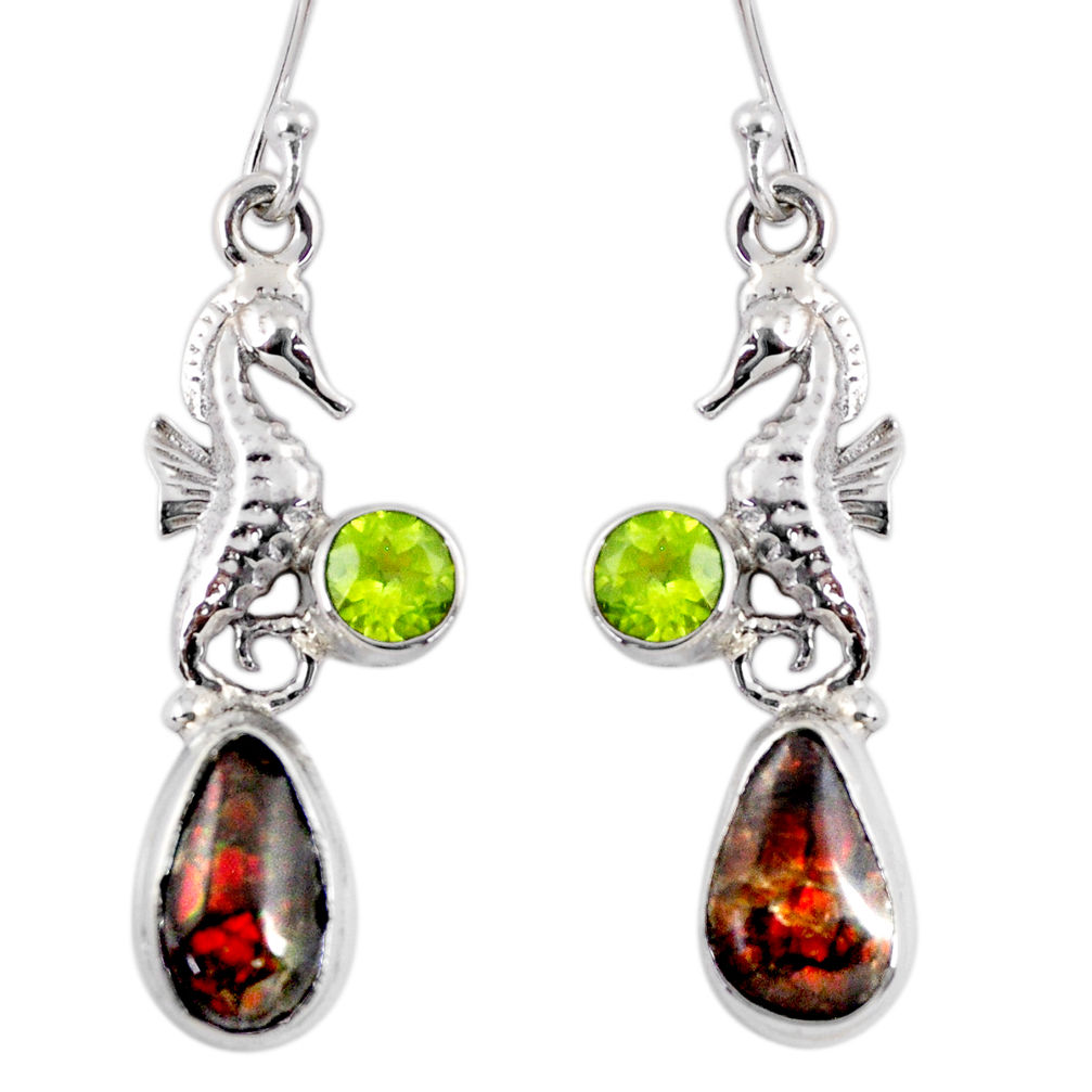 10.24cts natural ammolite (canadian) 925 silver dangle seahorse earrings r56258
