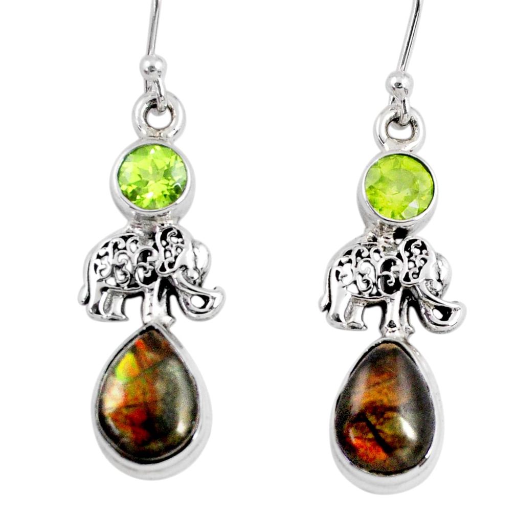 9.47cts natural ammolite (canadian) peridot silver elephant earrings r56260