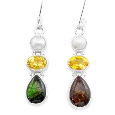 11.46cts natural ammolite citrine pearl 925 silver dangle earrings d49461