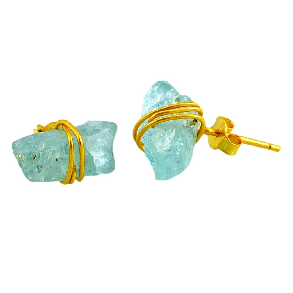 7.80cts natural aqua aquamarine raw 14k gold handmade stud earrings r79783