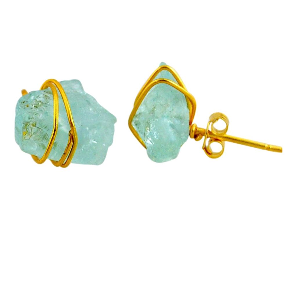 10.09cts natural aqua aquamarine raw 14k gold handmade stud earrings r79785