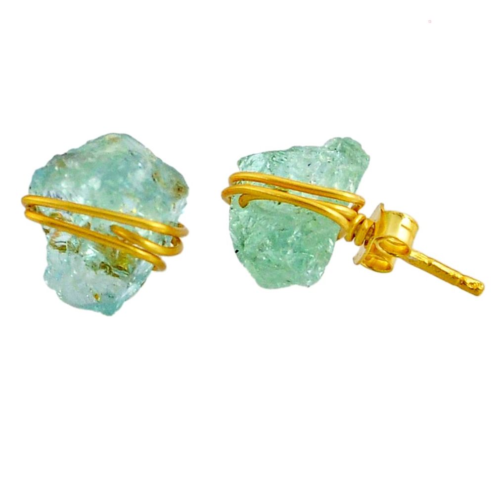 7.19cts natural aqua aquamarine raw fancy 14k gold handmade stud earrings r79787