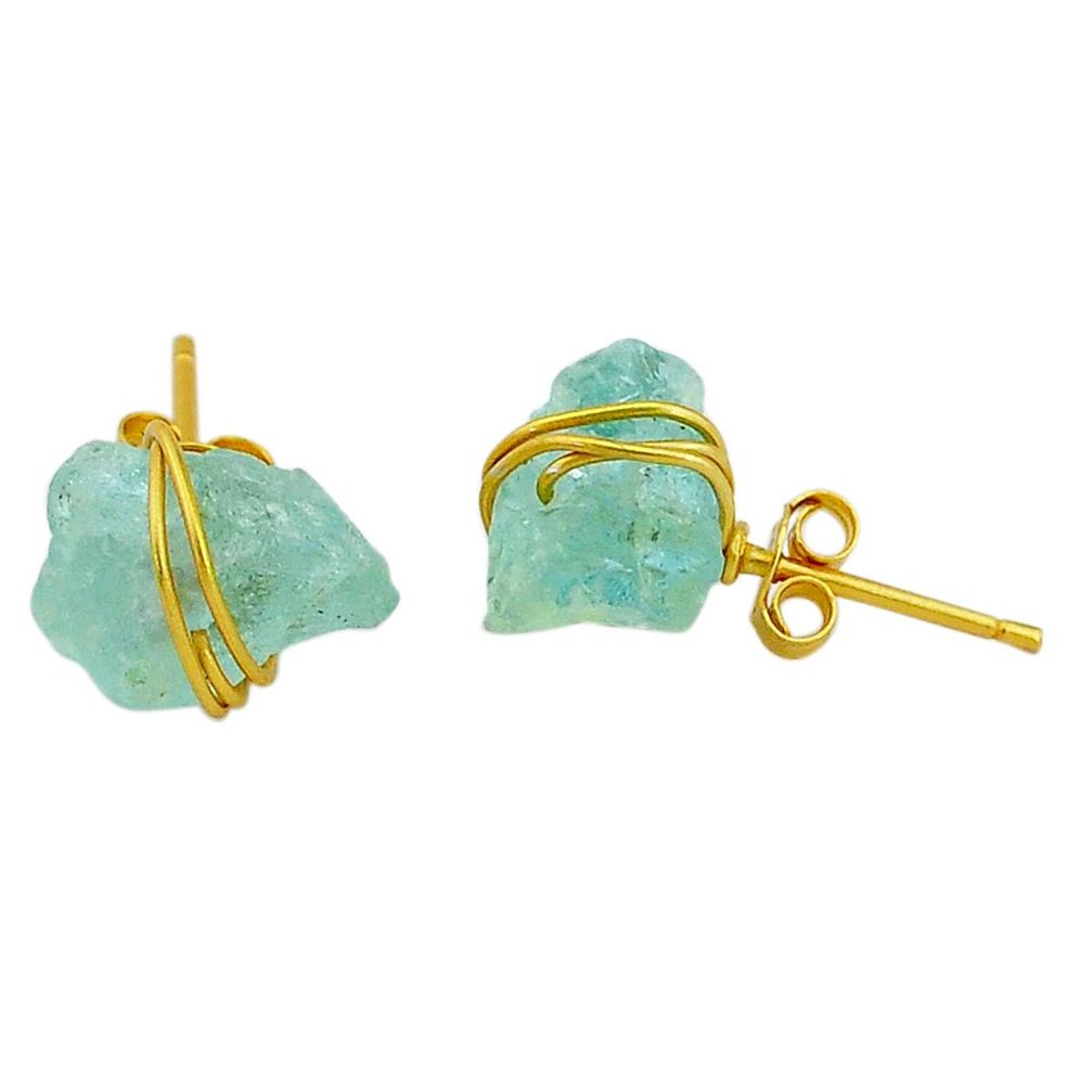 8.32cts natural aqua aquamarine raw 14k gold handmade earrings t6521