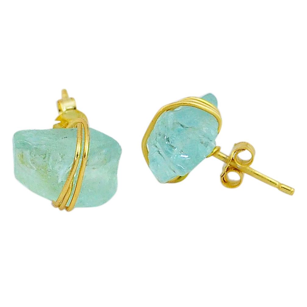 8.90cts natural aqua aquamarine raw 14k gold handmade earrings t6523