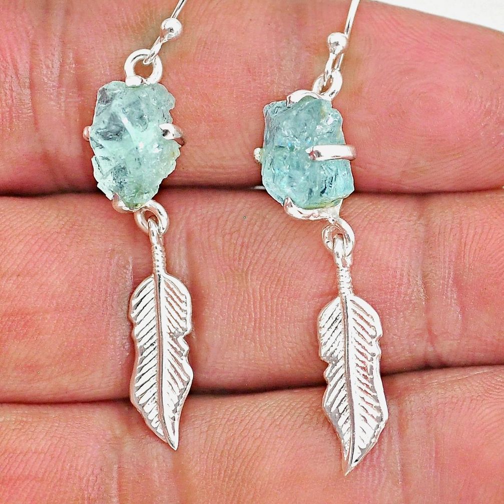 8.42cts natural aqua aquamarine raw 925 silver deltoid leaf earrings r90683