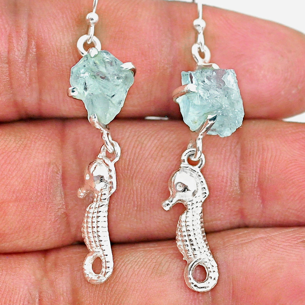 8.73cts natural aqua aquamarine raw 925 sterling silver dangle earrings r90684