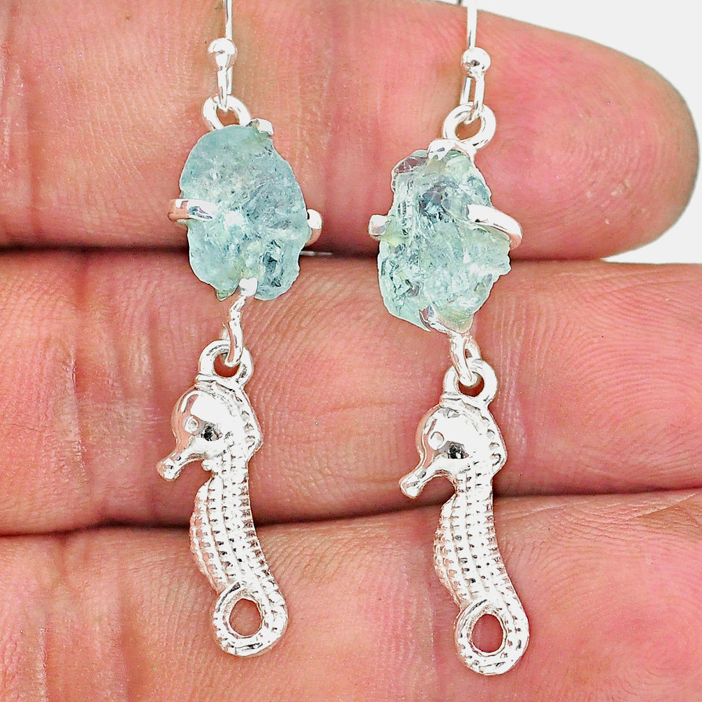 9.41cts natural aqua aquamarine rough 925 sterling silver dangle earrings r90689