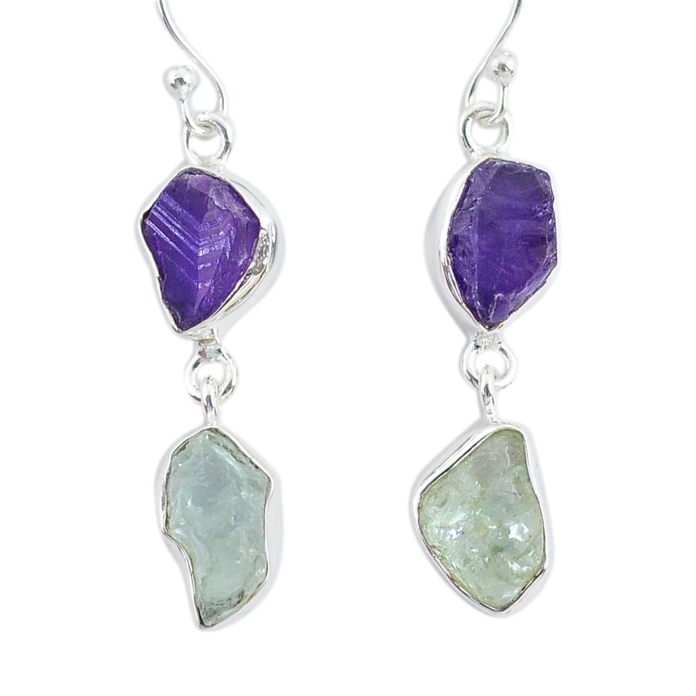 10.74cts natural aqua aquamarine raw amethyst rough silver earrings r93794